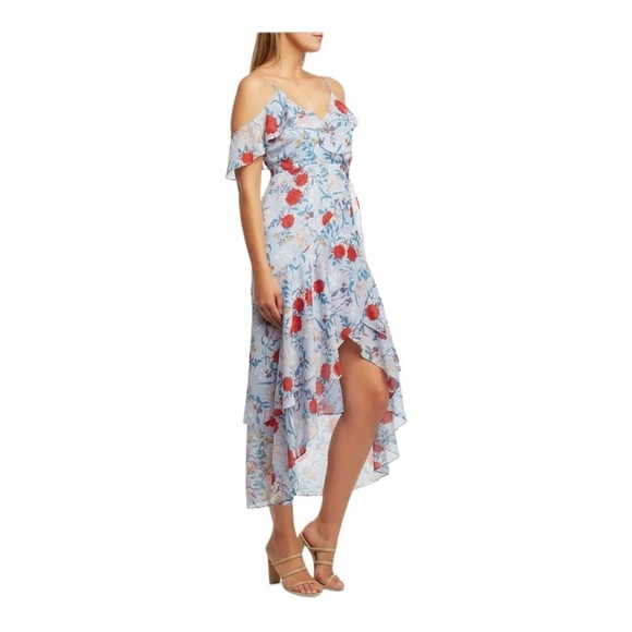 NWT Bardot x Revolve Blue Floral Cold Shoulder Ruffle Hi Low Midi Dress XS - Picture 9 of 16